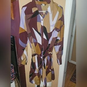 Nine West Geometric Mulit Color Abstract Printed Button-Up Shirt Dress Size XL
